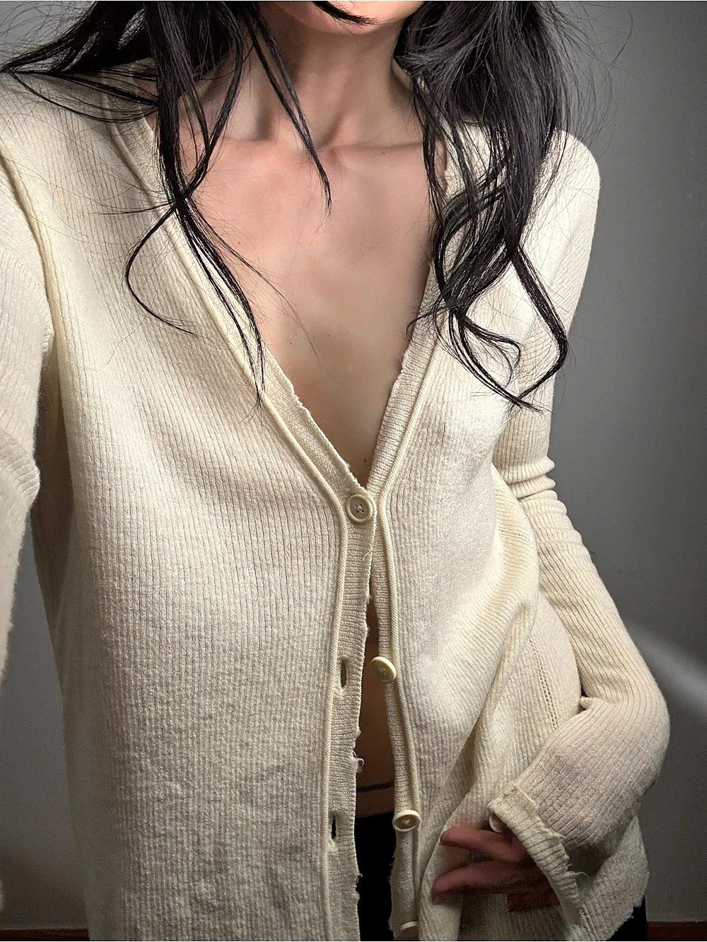 Helmut Lang Distressed Cashmere Blend Cream Button-Front Cardigan XS